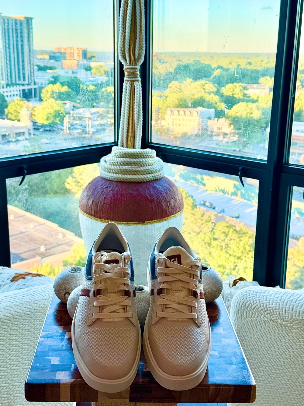 Neutral Beige Casual Sneakers with Blue Trim by Cole Haan.